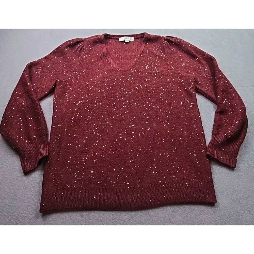 Loft Womens Pleated Sleeve Sweater Top Size: L‎ Burgundy/gold Shimmer - Picture 2 of 11